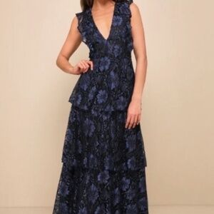Lulus Molinetto Navy Blue Lace Ruffled Tiered Sleeveless Maxi Dress - Size XL